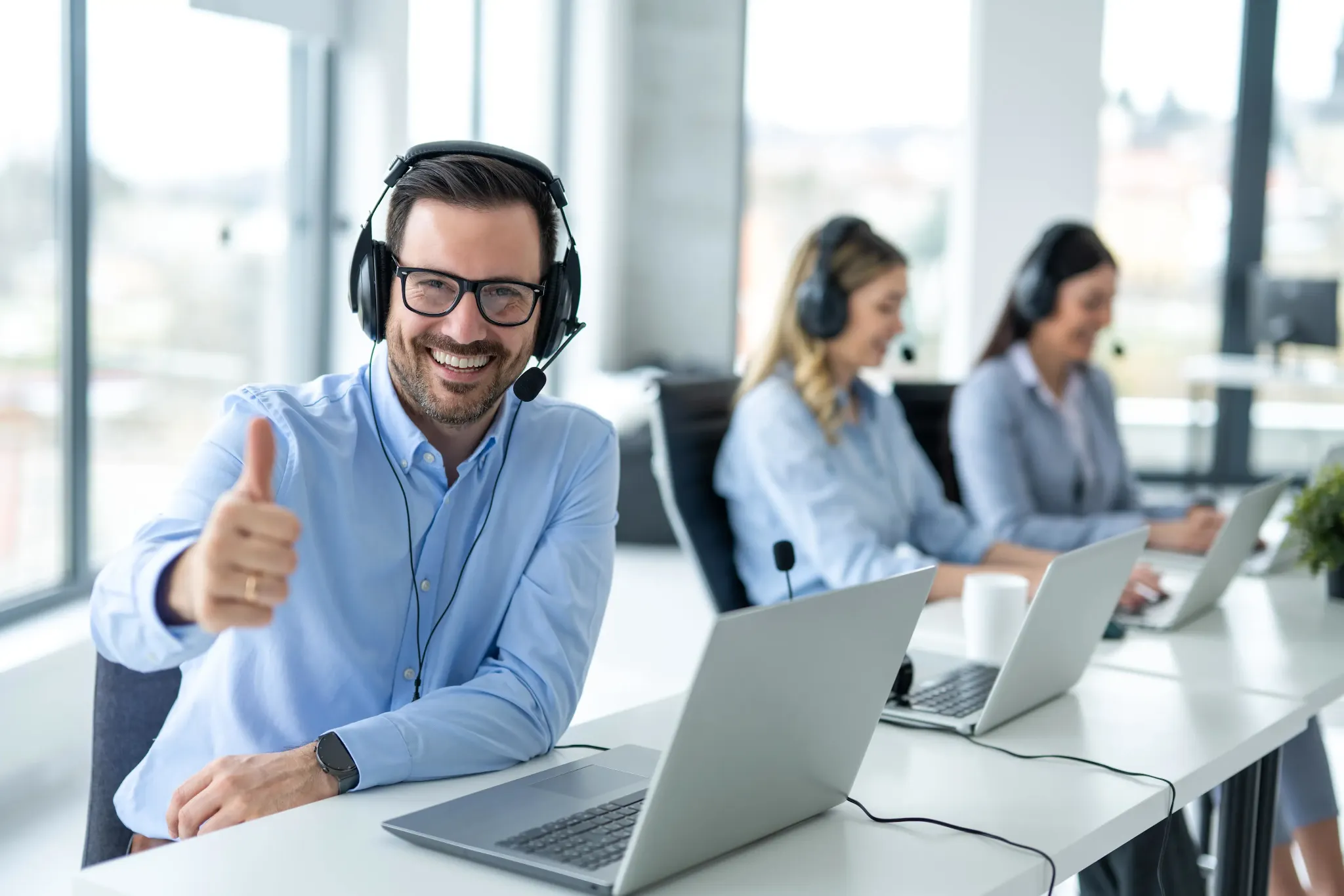Customer support team working together